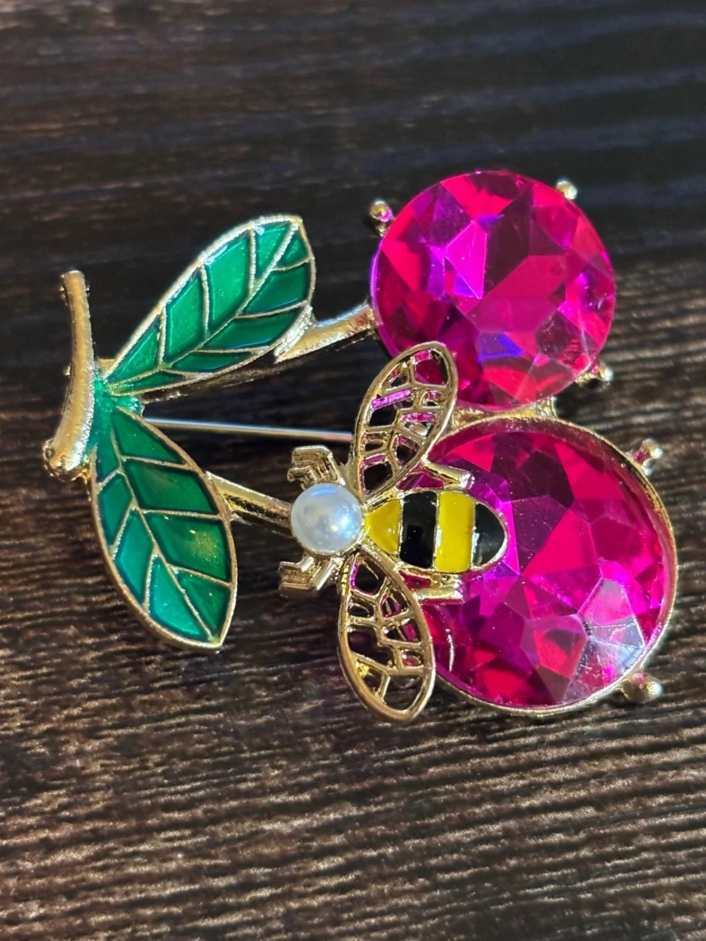 Yellow Bee & Cherry Pin Crystal Rhinestone Brooch in Hot Pink and Green